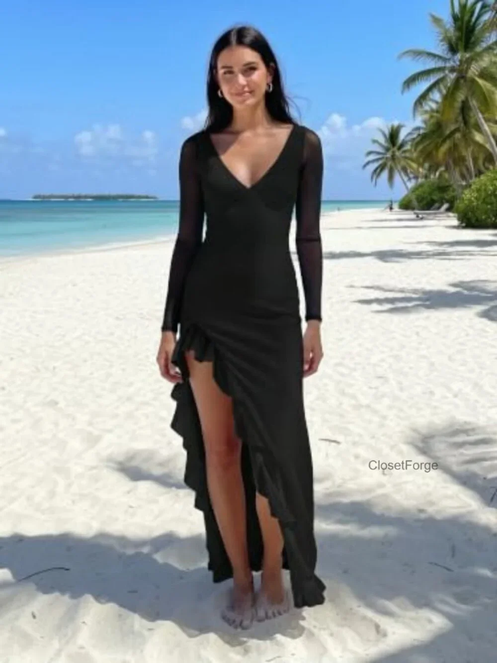 Slim Fit Bodycon Maxi Dress Long Sleeve V-Neck High Slit